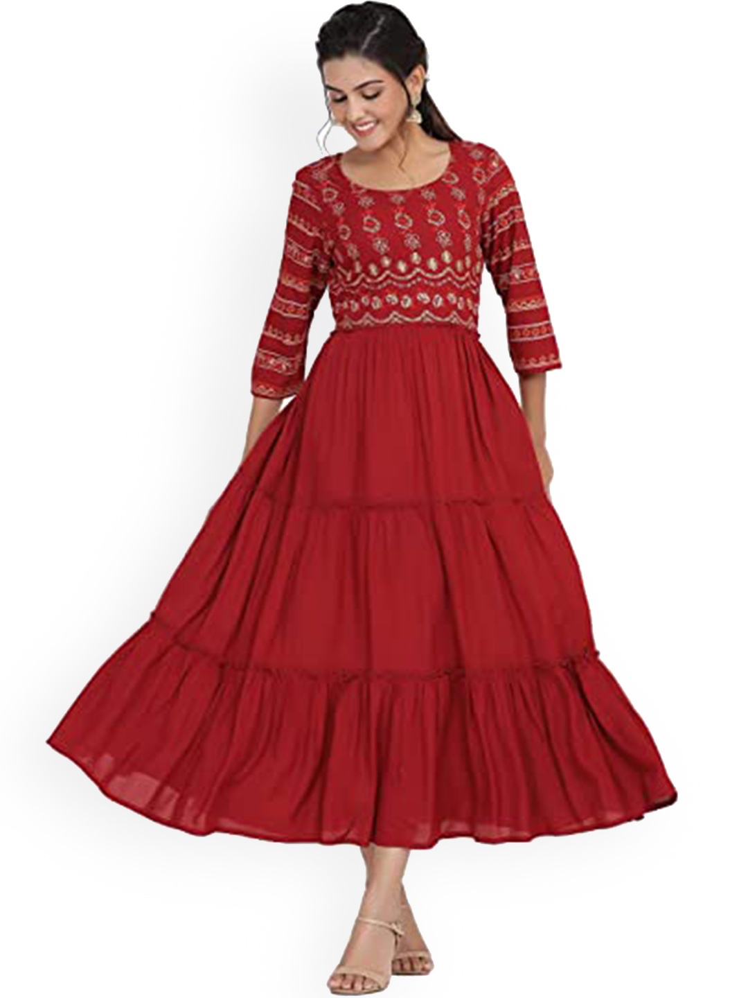 

KALINI Floral Printed Tiered Maxi Ethnic Dress, Maroon