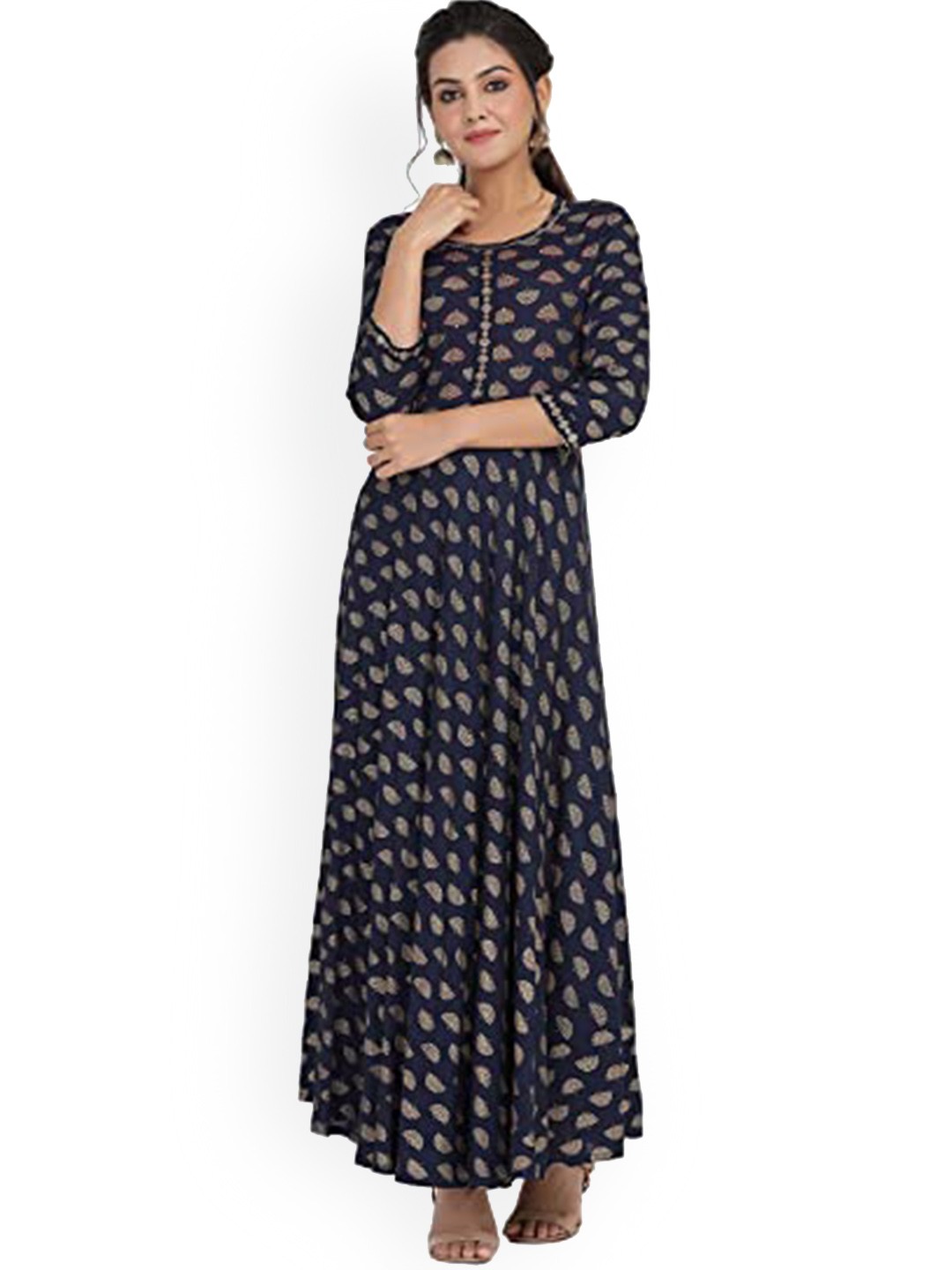 

KALINI Ethnic Motifs Printed Gotta Patti A-Line Ethnic Dress, Navy blue