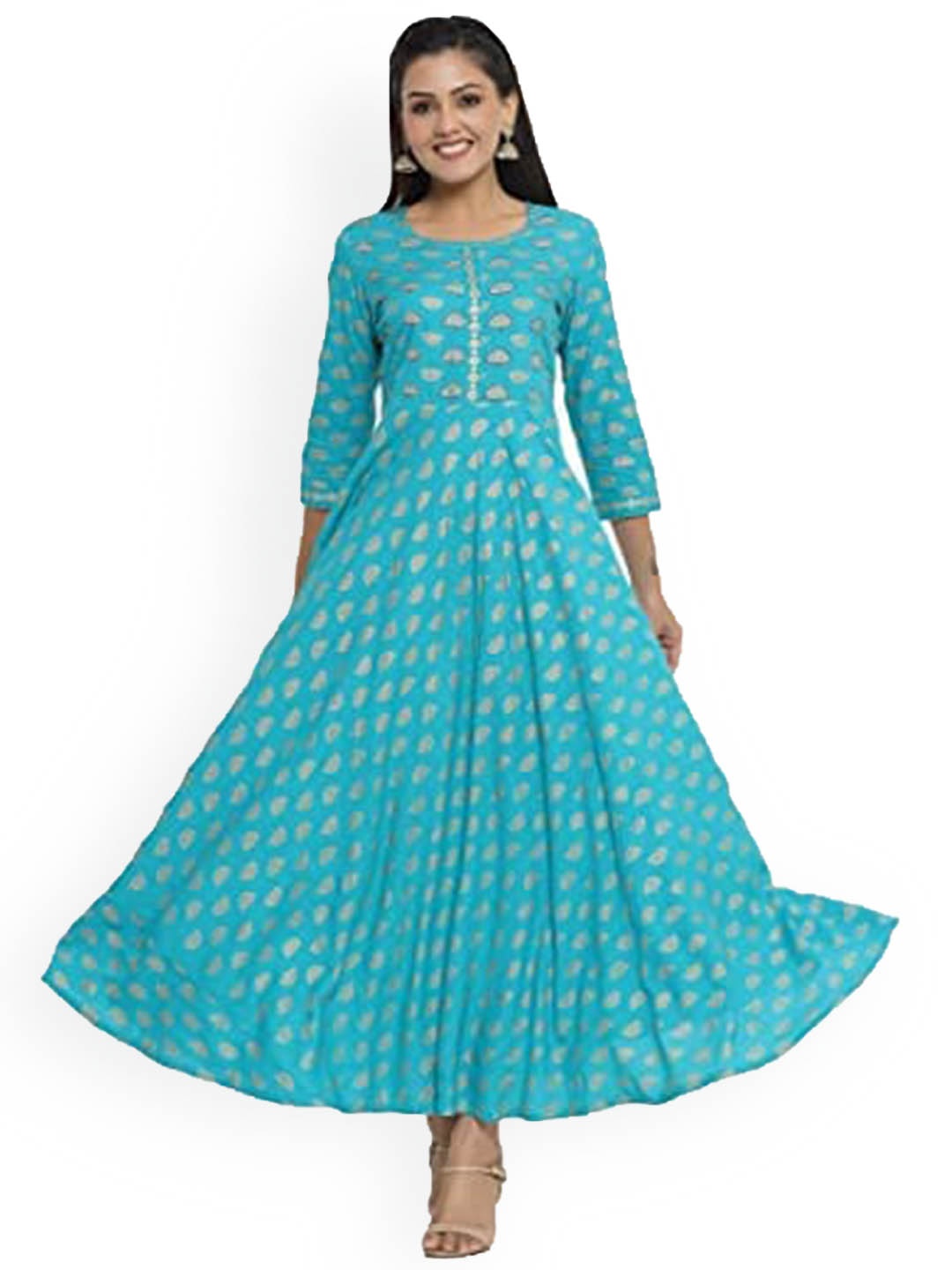 

KALINI Ethnic Motifs Printed Gotta Patti A-Line Ethnic Dress, Blue