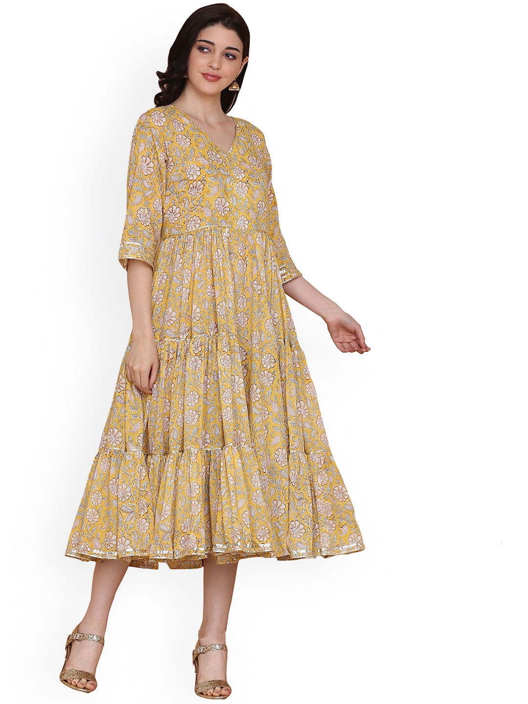 

KALINI Floral Printed Pure Cotton Ethnic Dress, Yellow