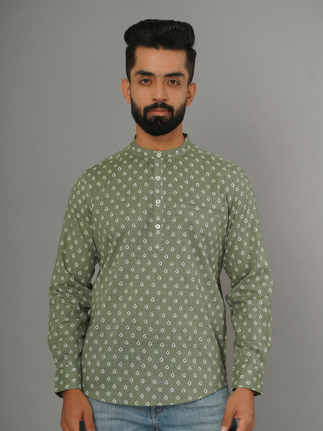 

CRAFTED FOR YOU Band Collar Classic Fit Conversational Printed Casual Pure Cotton Shirt, Green
