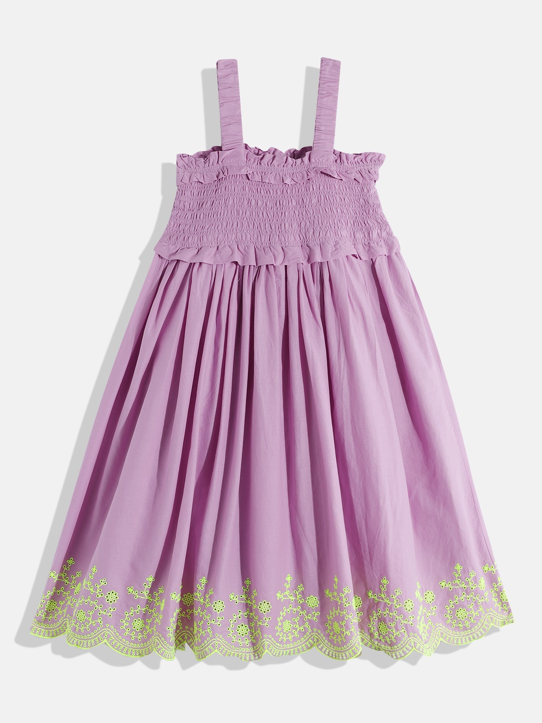 

United Colors of Benetton Girls Pure Cotton Smocked Schifli A-Line Dress, Lavender