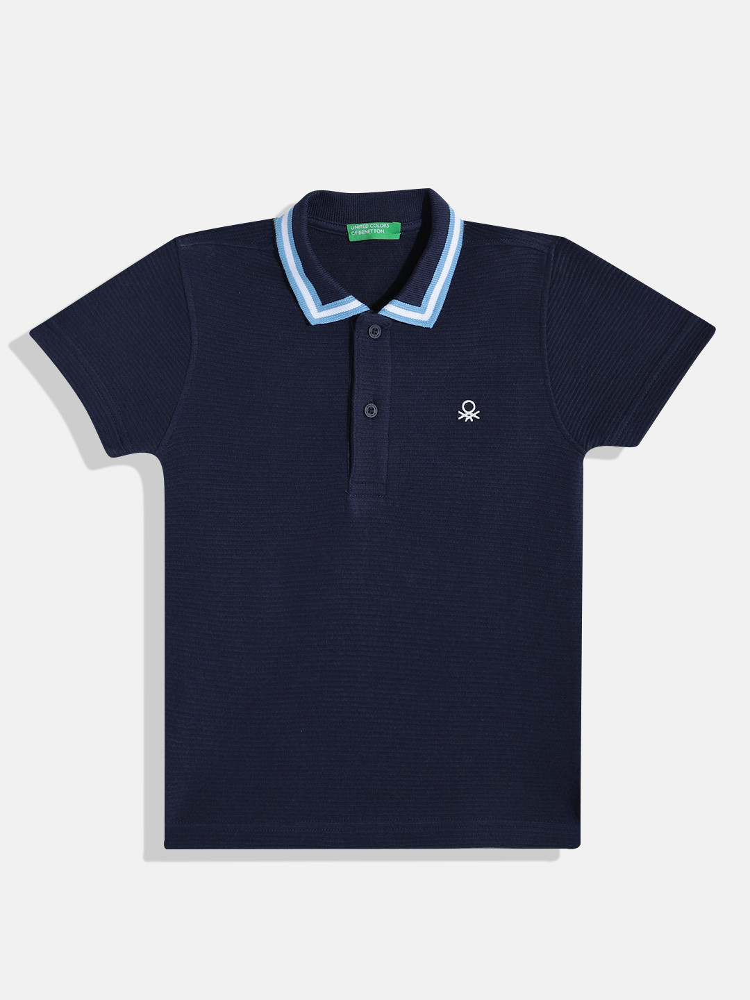 

United Colors of Benetton Boys Pure Cotton Self-Striped Polo Collar T-shirt, Navy blue