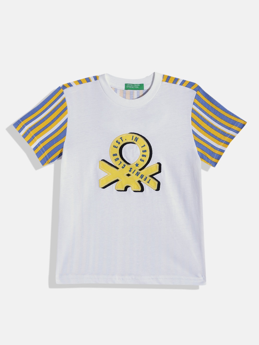 

United Colors of Benetton Boys Pure Cotton Brand Logo Applique & Striped T-shirt, White