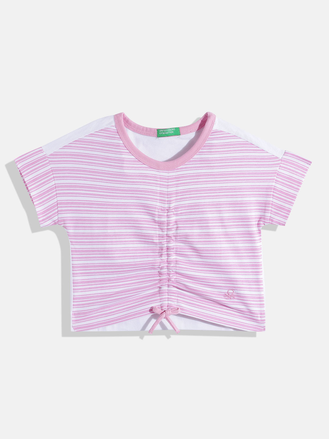 

United Colors of Benetton Girls Horizontally Striped Pure Cotton Top with Ruched Detail, Pink