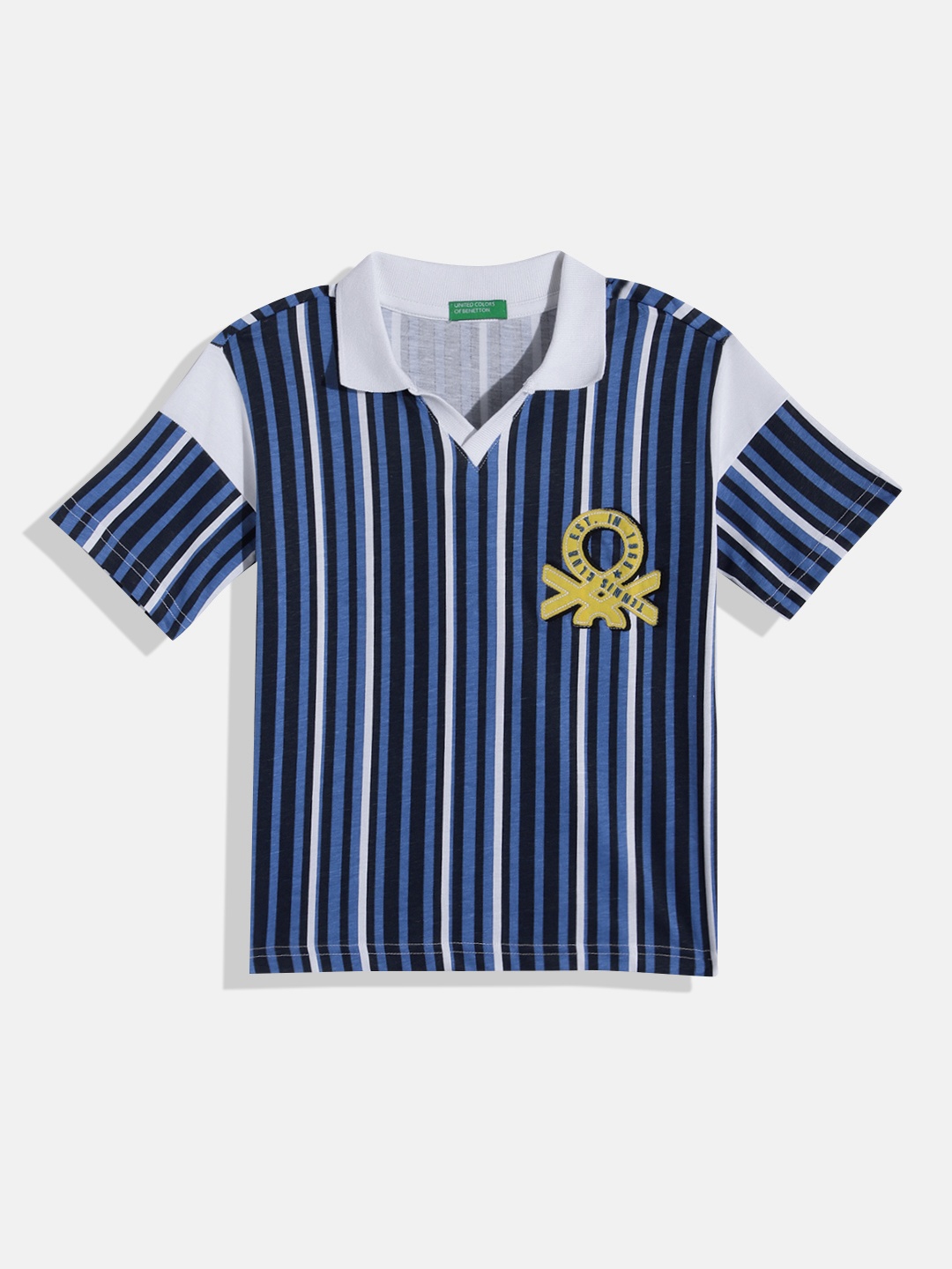 

United Colors of Benetton Boys Pure Cotton Striped Polo Collar Brand Logo Applique T-shirt, Navy blue