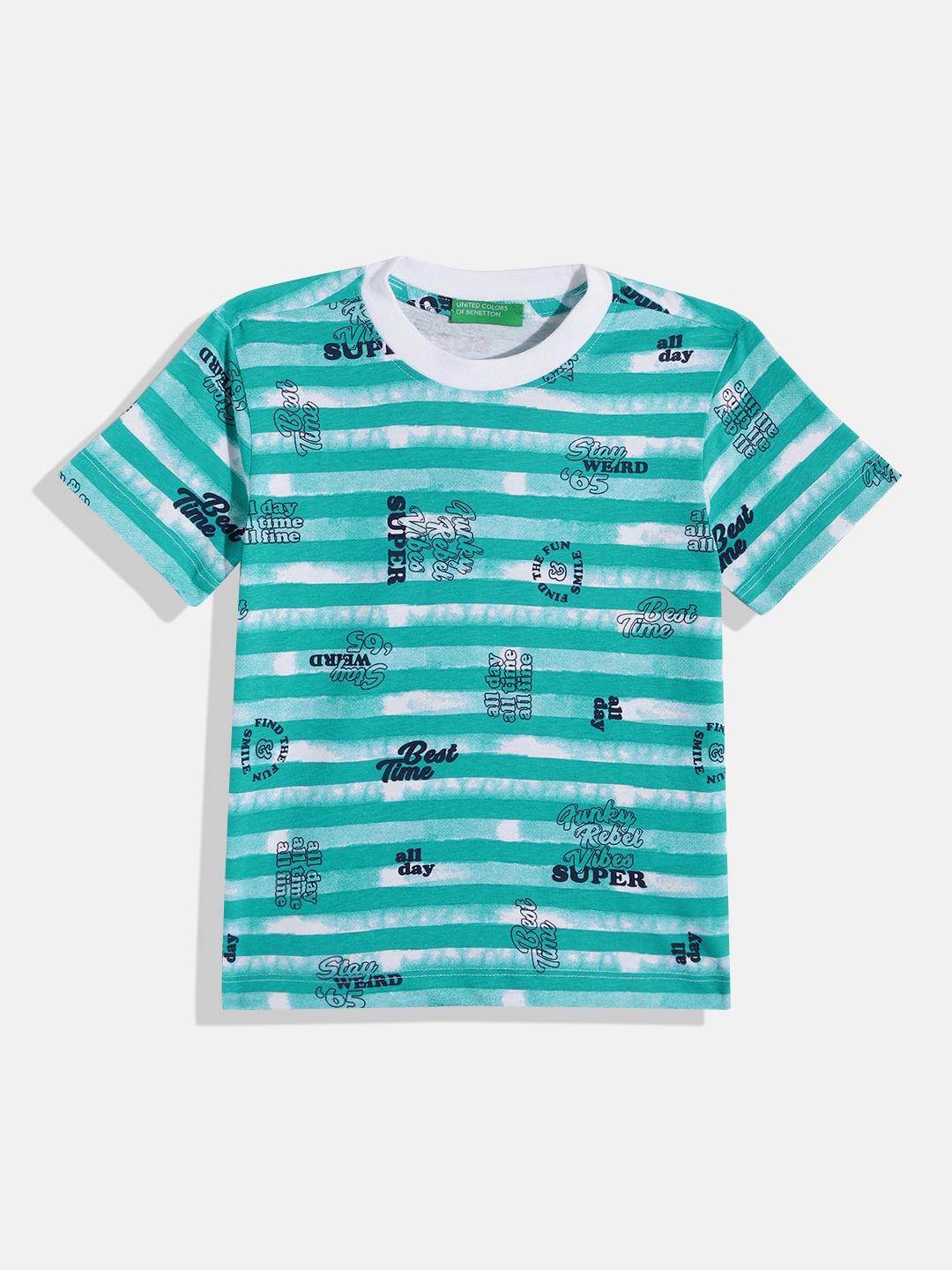 

United Colors of Benetton Boys Pure Cotton Striped & Printed T-shirt, Sea green