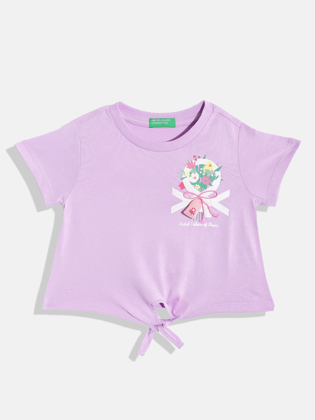 

United Colors of Benetton Girls Brand Logo & Floral Print Pure Cotton Top, Lavender