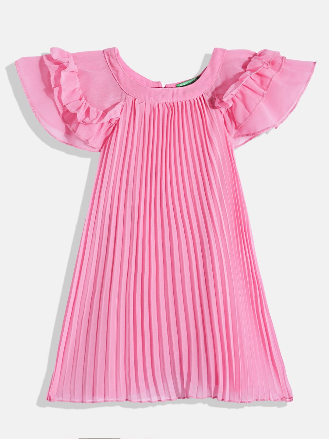 

United Colors of Benetton Girls Accordian Pleated Flutter Sleeves A-Line Dress, Pink