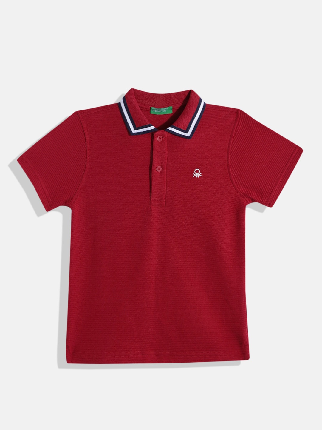 

United Colors of Benetton Boys Pure Cotton Self-Striped Polo Collar T-shirt, Maroon
