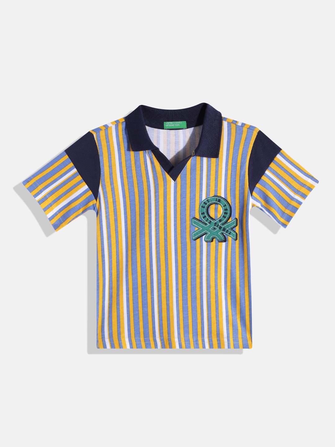 

United Colors of Benetton Boys Pure Cotton Striped Polo Collar Applique T-shirt, Yellow