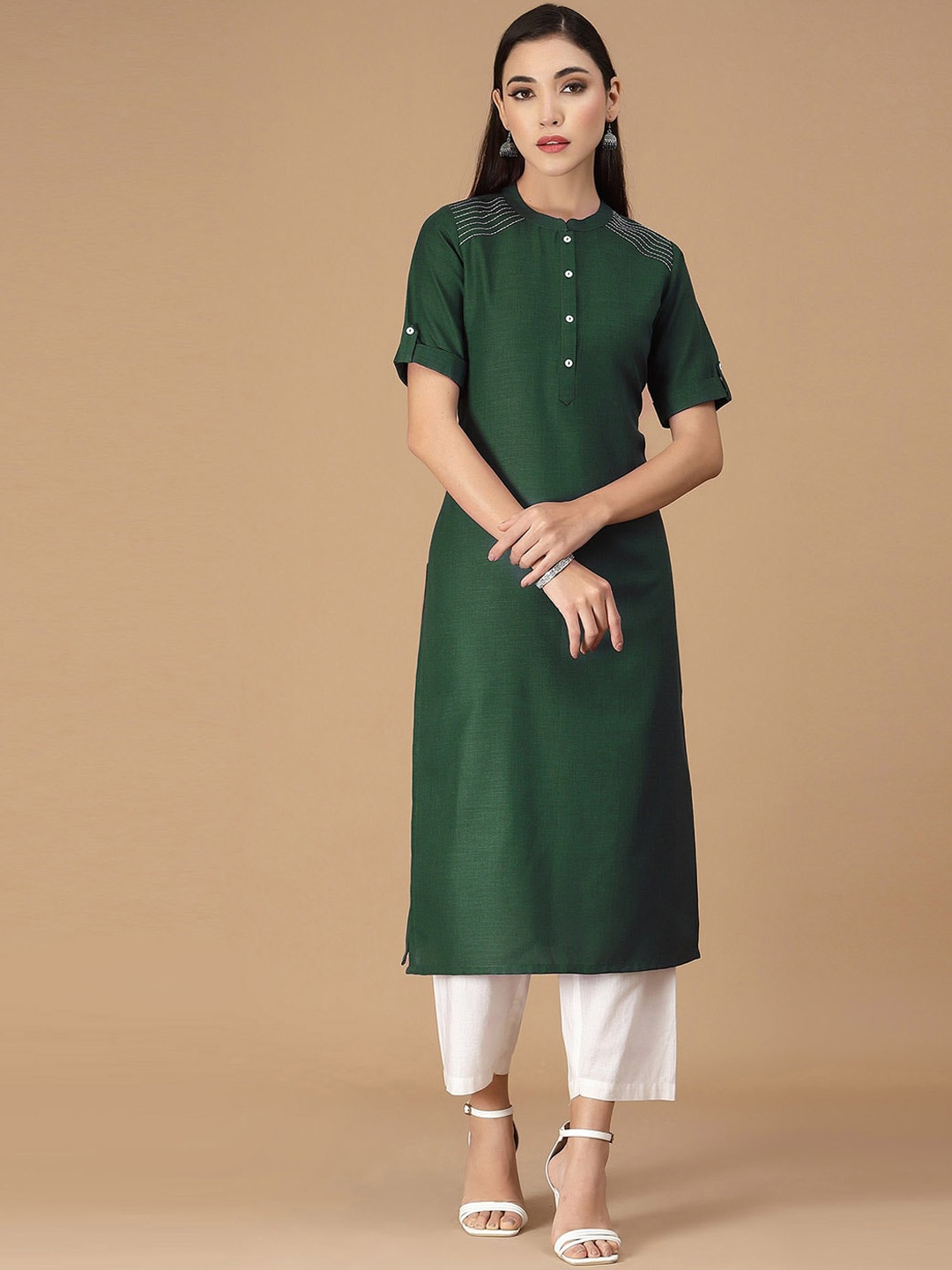 

KALINI Band Collar Thread Work Kurta, Green