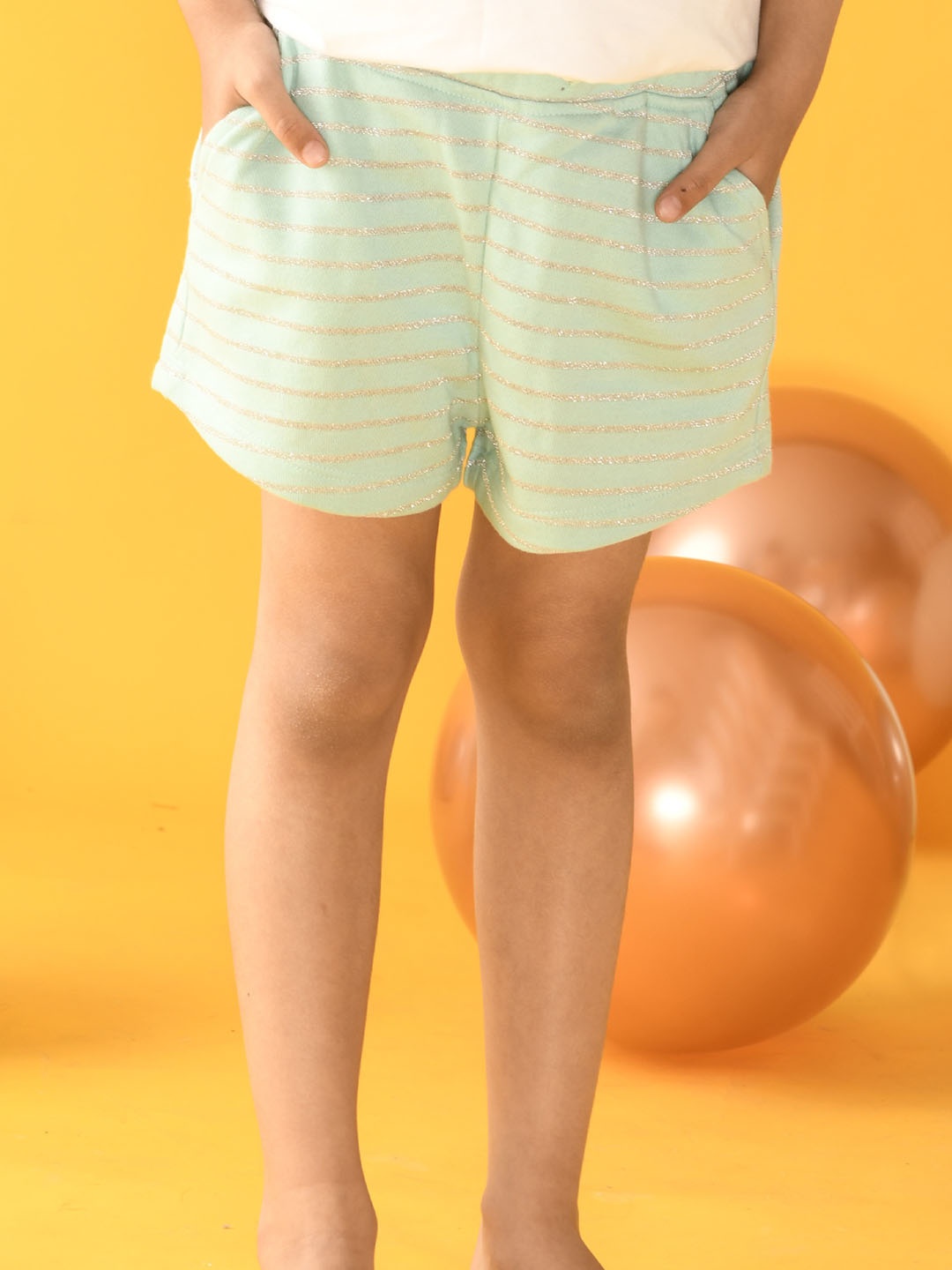 

Anthrilo Girls Striped Mid-Rise Cotton Shorts, Sea green