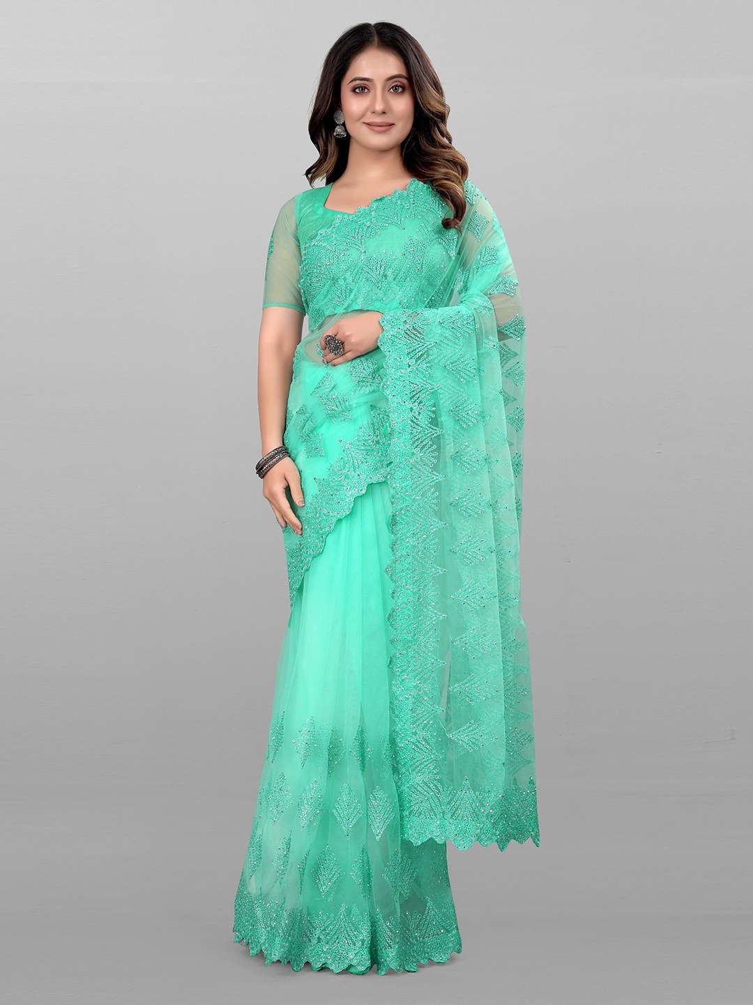 

JSItaliya Embroidered Sequinned Net Saree, Turquoise blue
