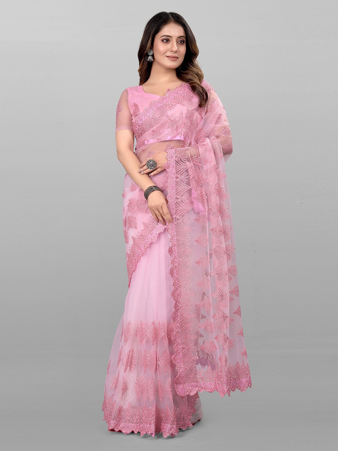 

JSItaliya Embroidered Sequinned Net Saree, Pink