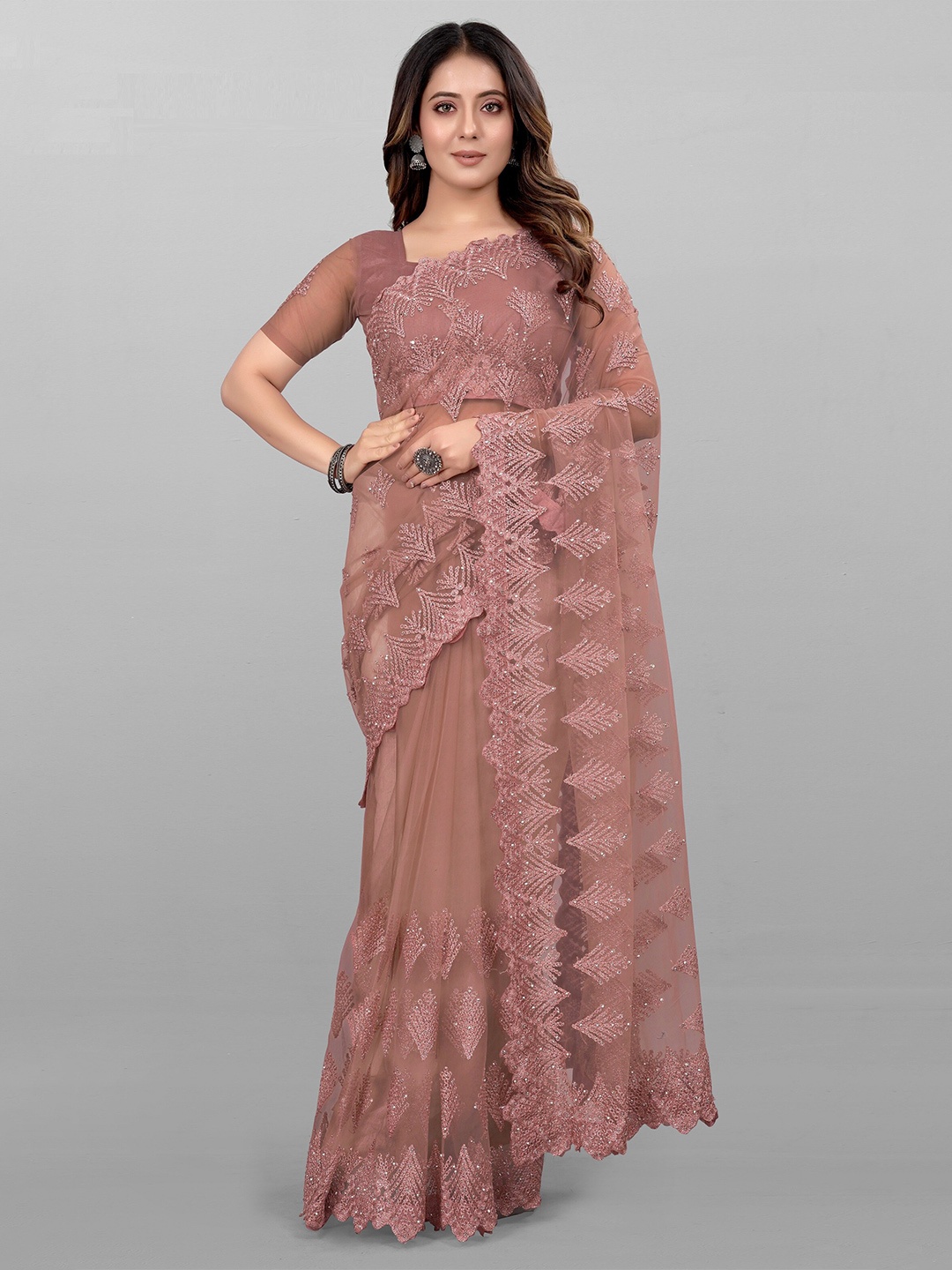 

JSItaliya Embroidered Sequinned Net Saree, Taupe