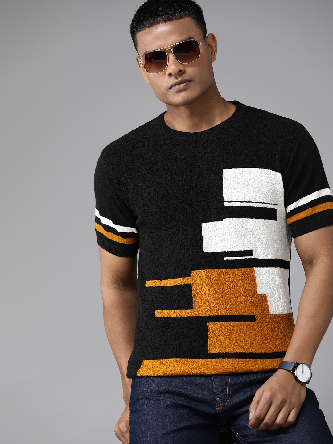 

Roadster Men Flat Knitted Colourblocked Pure Cotton T-shirt, Black