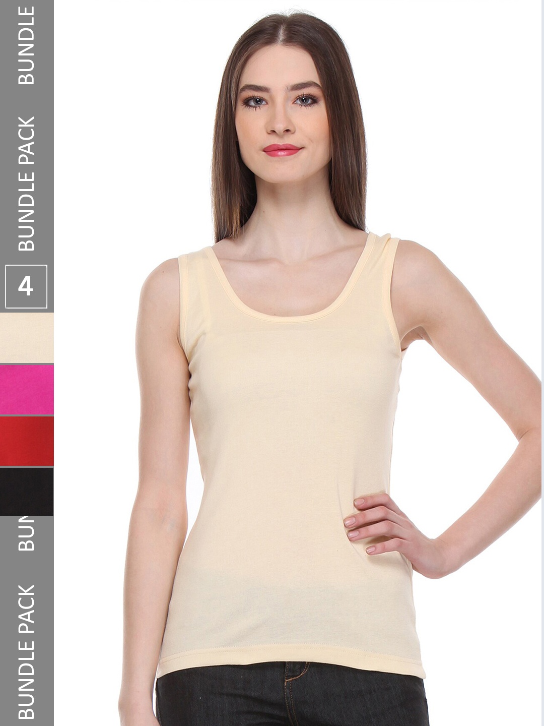 

IndiWeaves Pack Of 4 Cotton Scoop Neck Sleeveless Tank Top, Beige