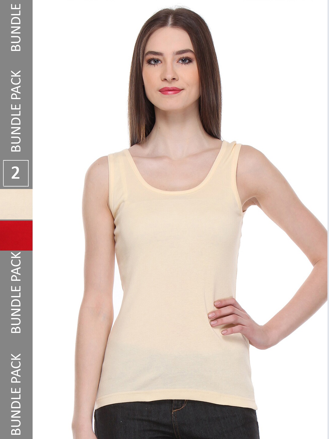 

IndiWeaves Pack Of 2 Scoop Neck Pure Cotton Tank Tops, Beige