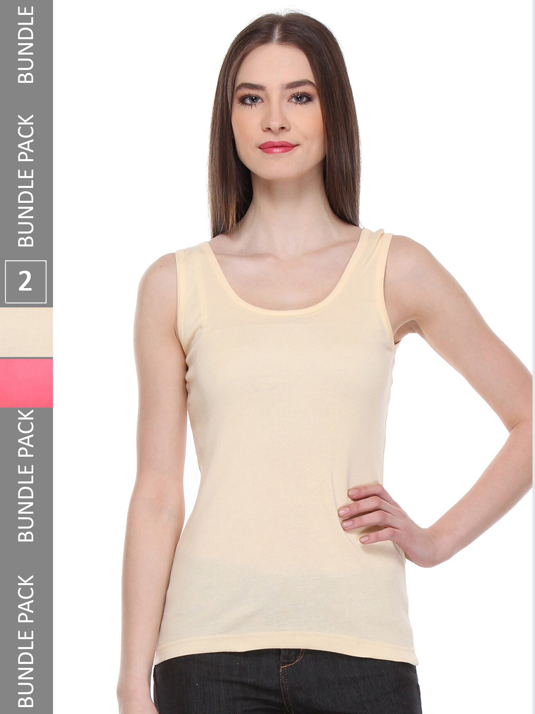

IndiWeaves Pack Of 2 Scoop Neck Pure Cotton Tank Tops, Beige