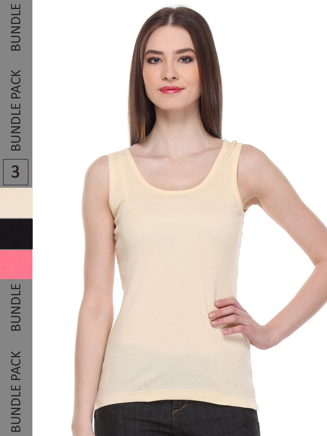 

IndiWeaves Pack Of 3 Cotton Scoop Neck Sleeveless Tank Top, Beige