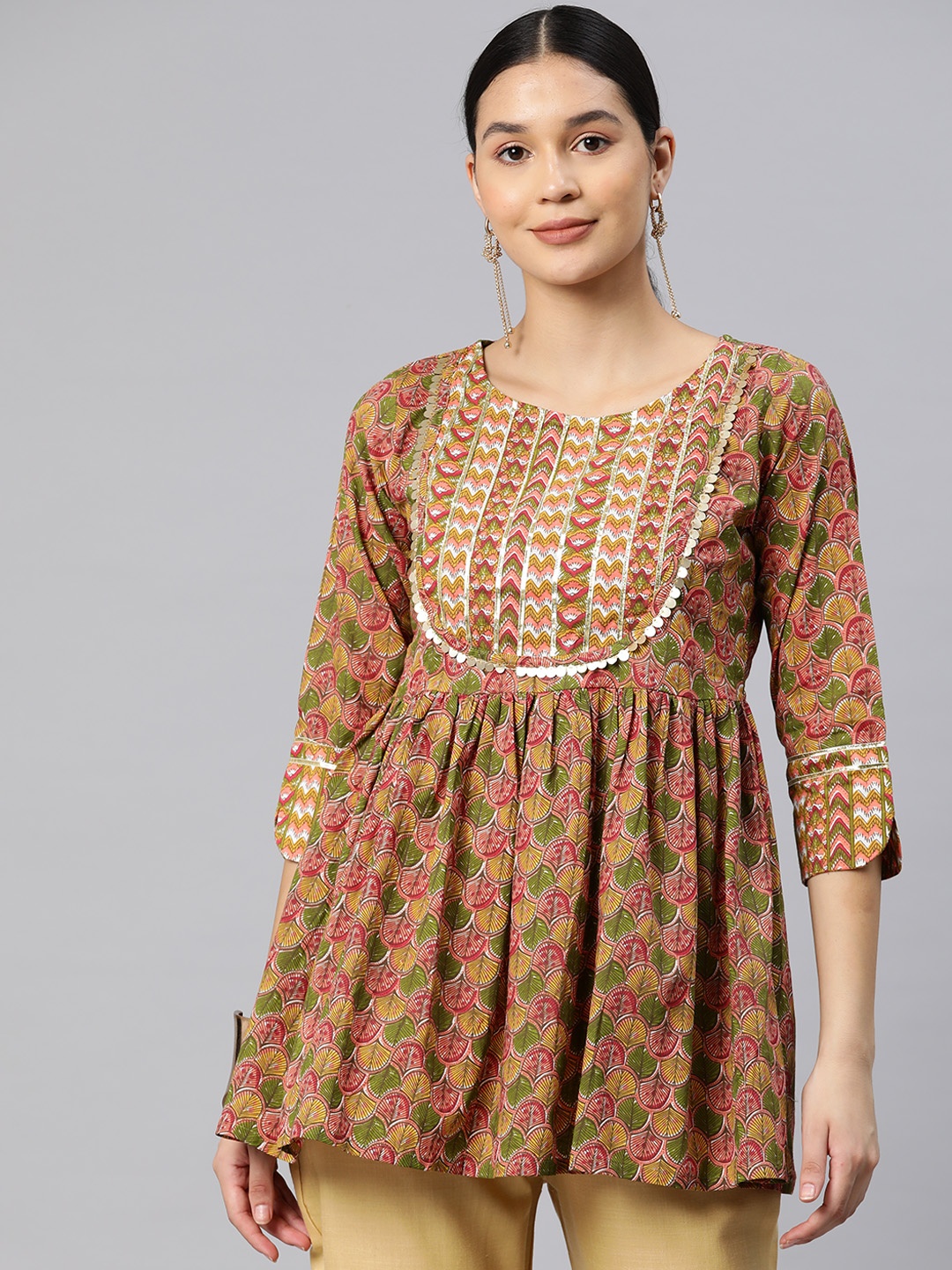 

RAJGRANTH Ethnic Motifs Printed Pure Cotton Sequinned Pleated Kurti, Brown