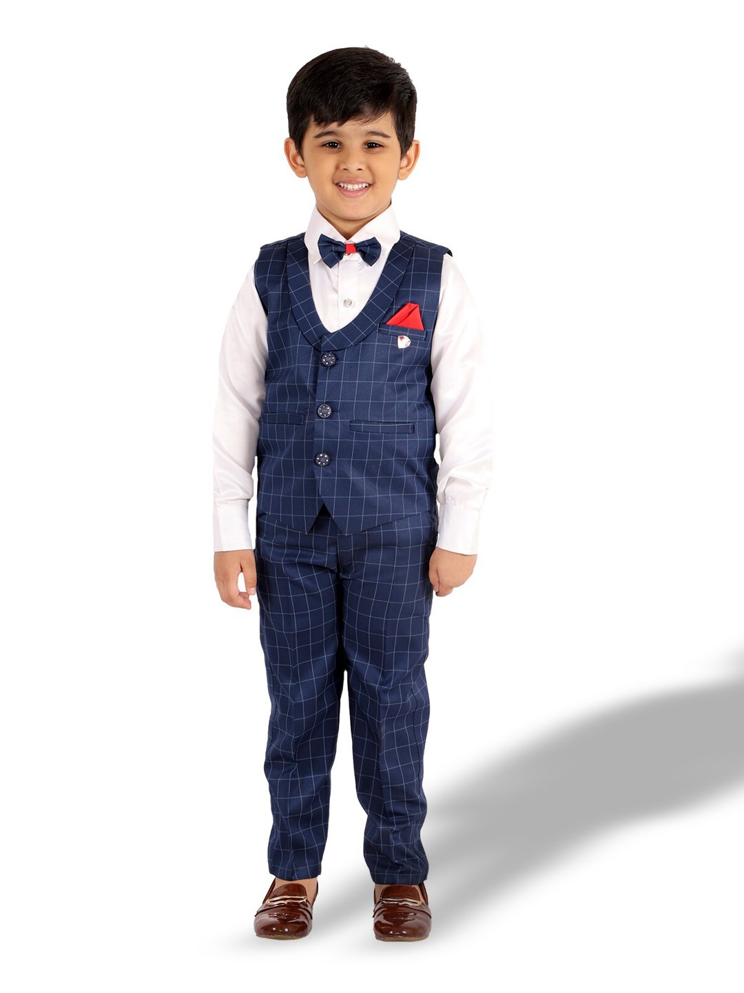 

BAESD Boys Checked Shawl Collar Single Breasted 3 Piece Suit, Navy blue