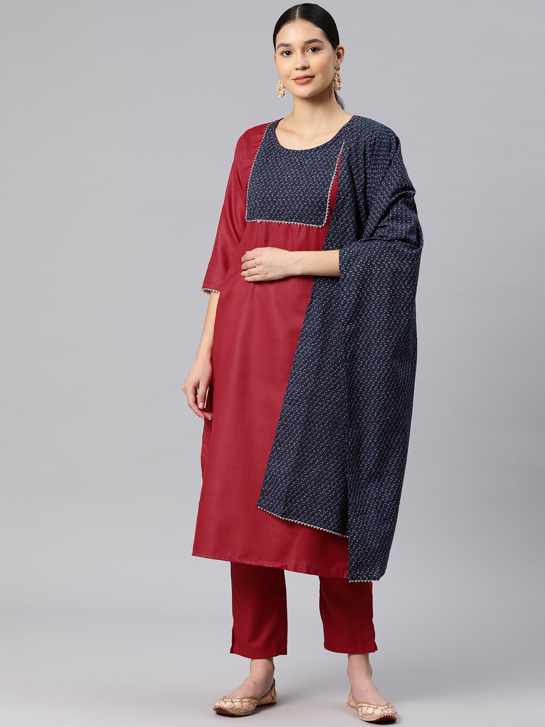 

RAJGRANTH Floral Yoke Design Gotta Patti Pure Cotton Kurta With Trousers & Dupatta, Maroon