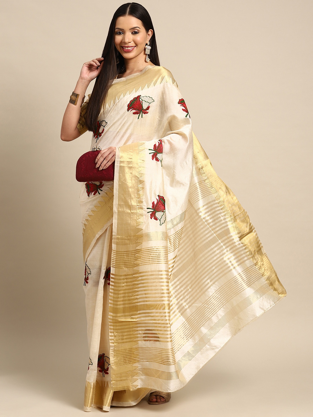 

RAJGRANTH Floral Embroidered Silk Cotton Mysore Silk Saree, Cream