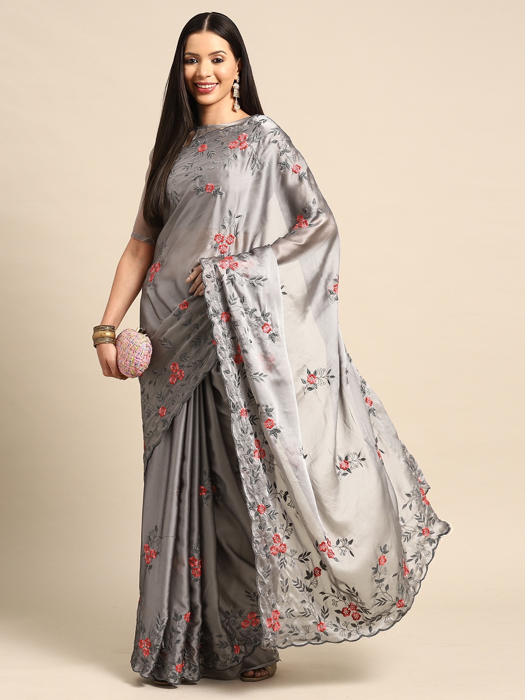 

RAJGRANTH Floral Embroidered Saree, Grey