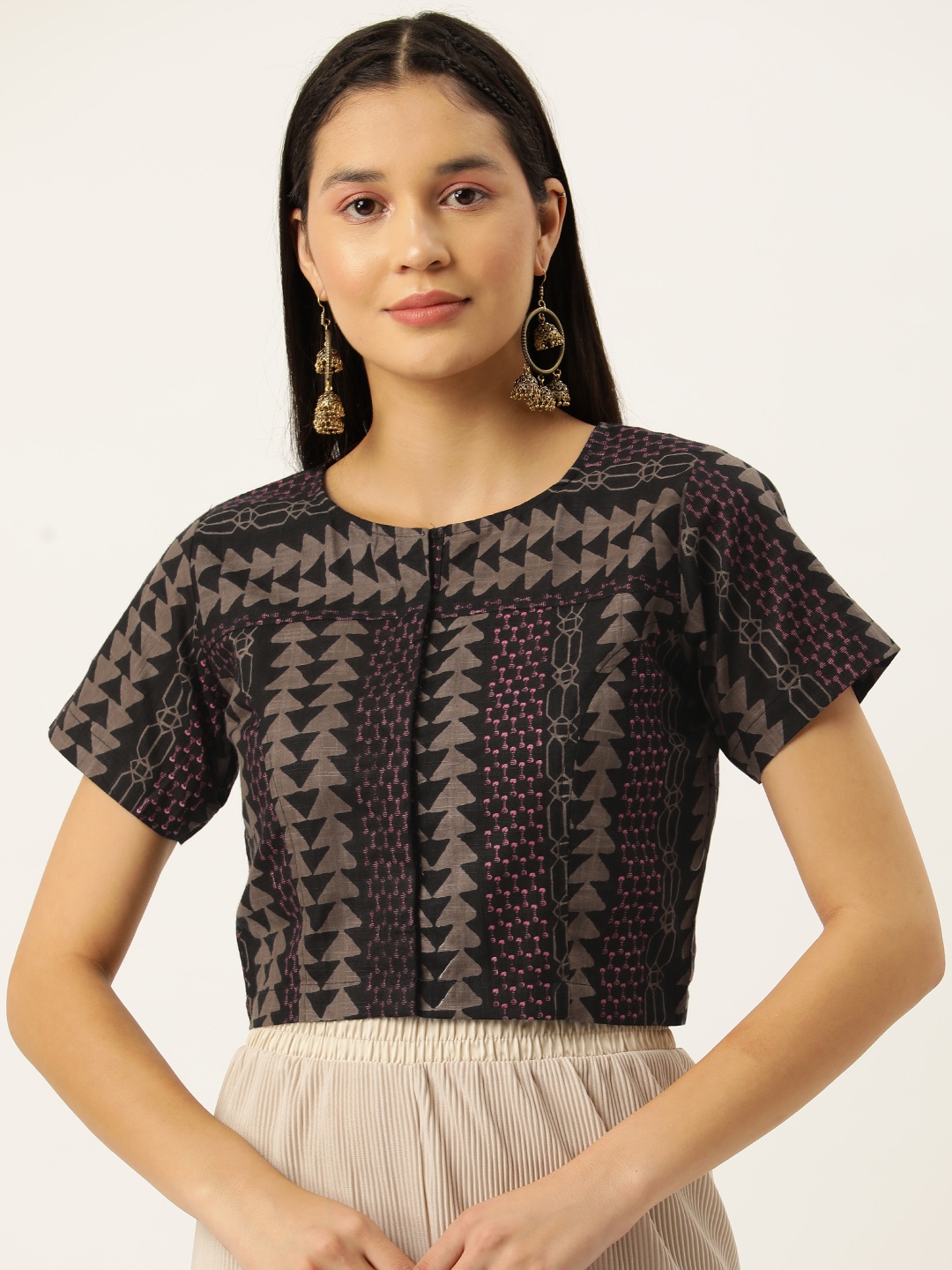 

Molcha Geometric Printed Cotton Saree Blouse, Black