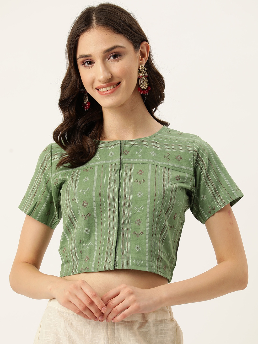 

Molcha Geometric Printed Cotton Saree Blouse, Green
