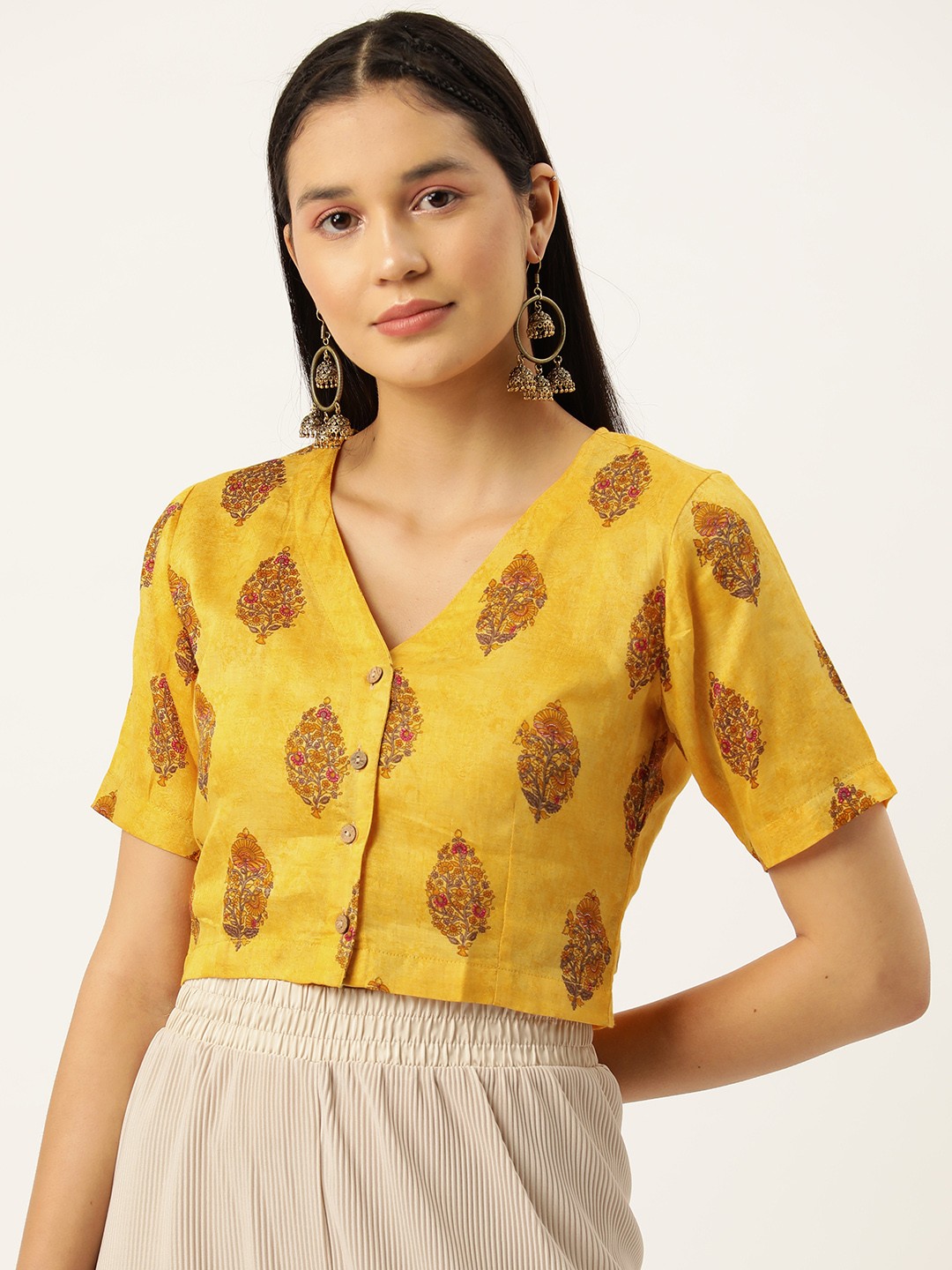 

Molcha Ethnic Motifs Printed Cotton Saree Blouse, Yellow