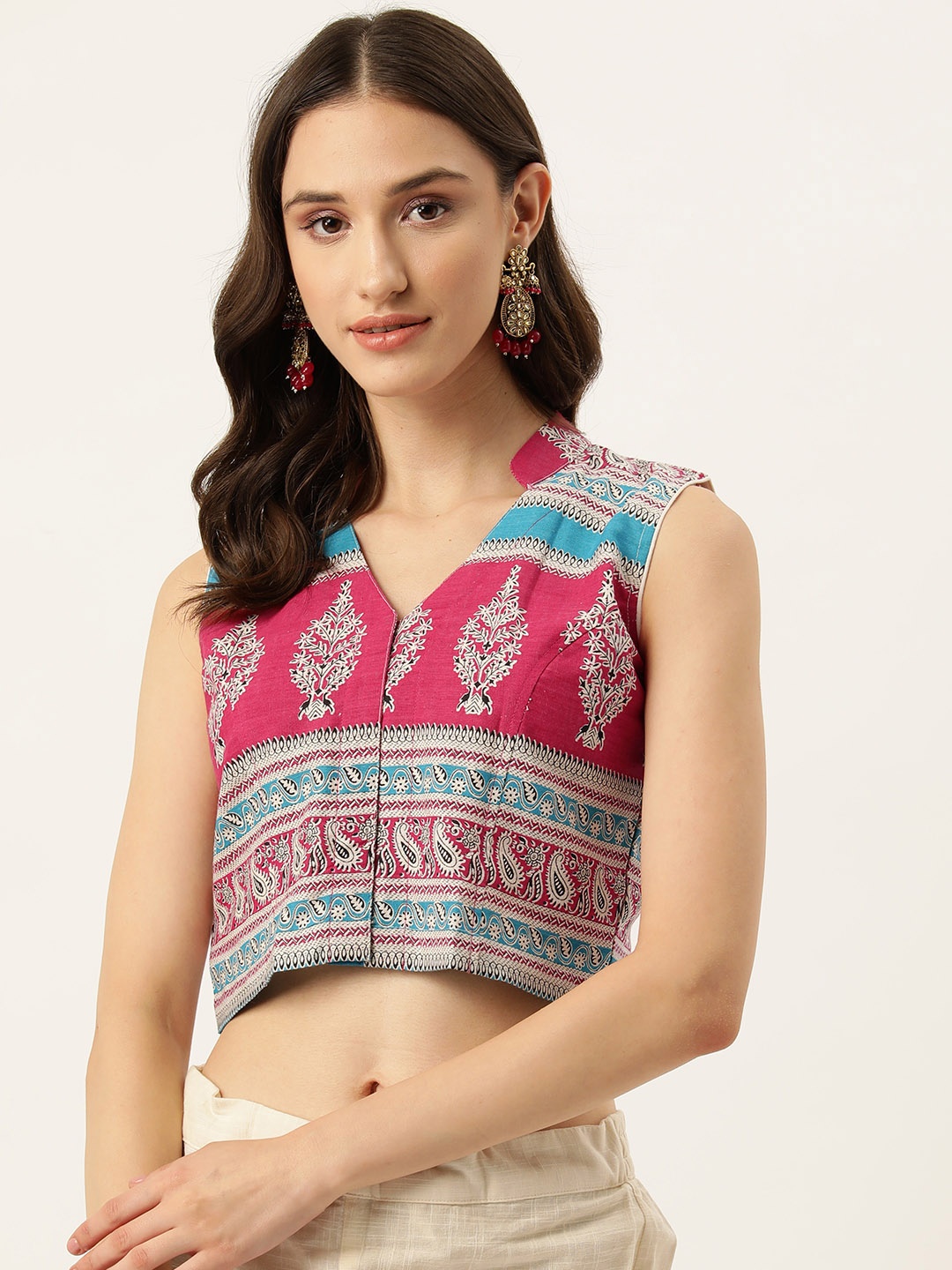 

Molcha Ethnic Motifs Printed Mandarin Collar Cotton Saree Blouse, Pink
