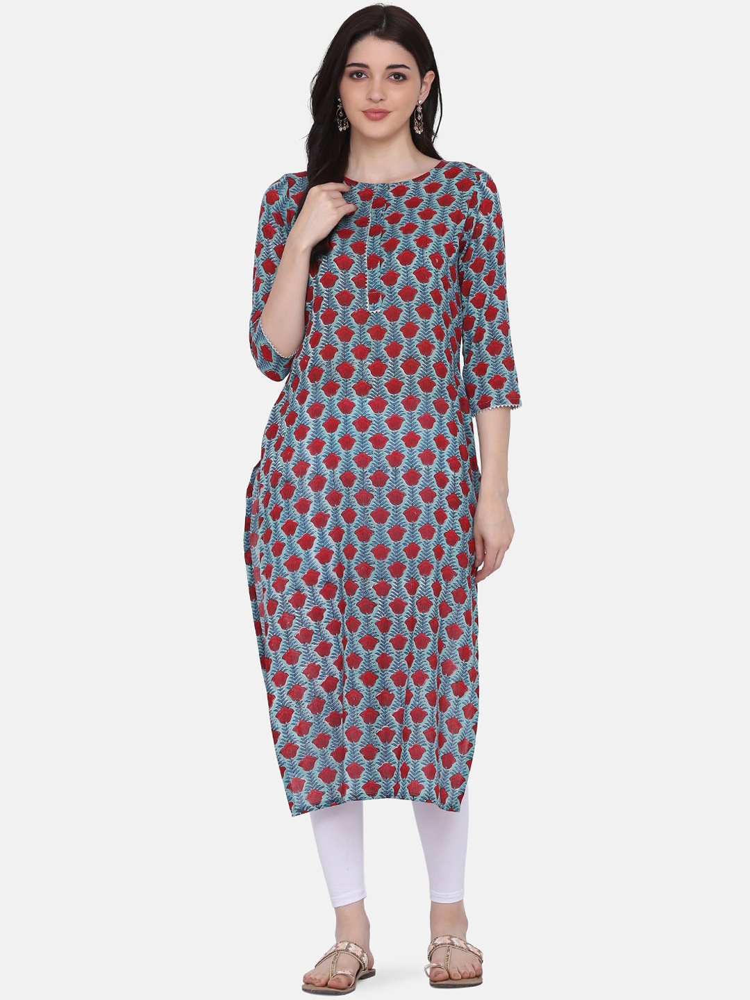 

Saanjh Sea Green & Red Ethnic Motifs Printed Pure Cotton Kurta