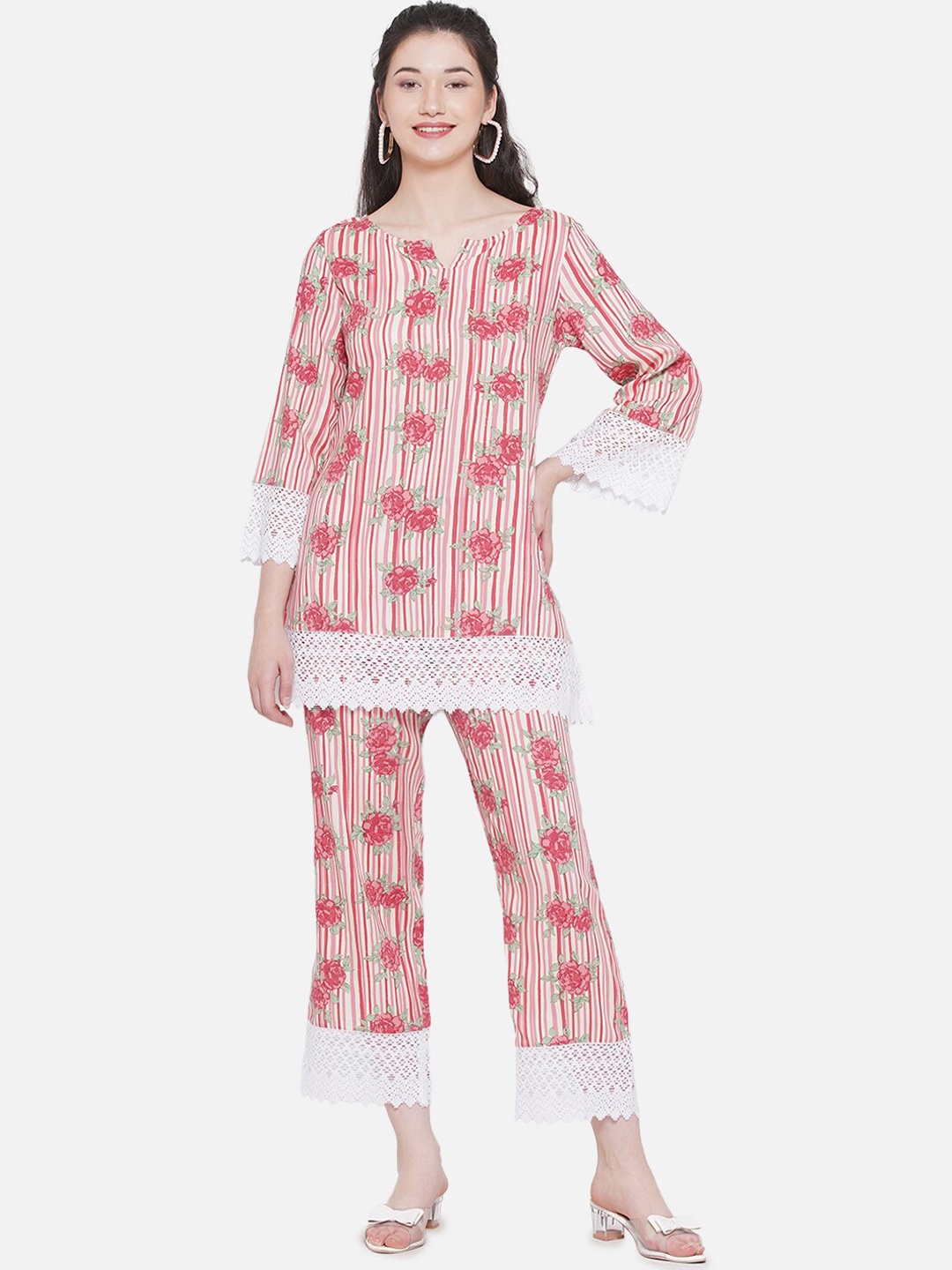 

bellamia Floral Printed Lace Inserted Tunic with Trousers, Pink