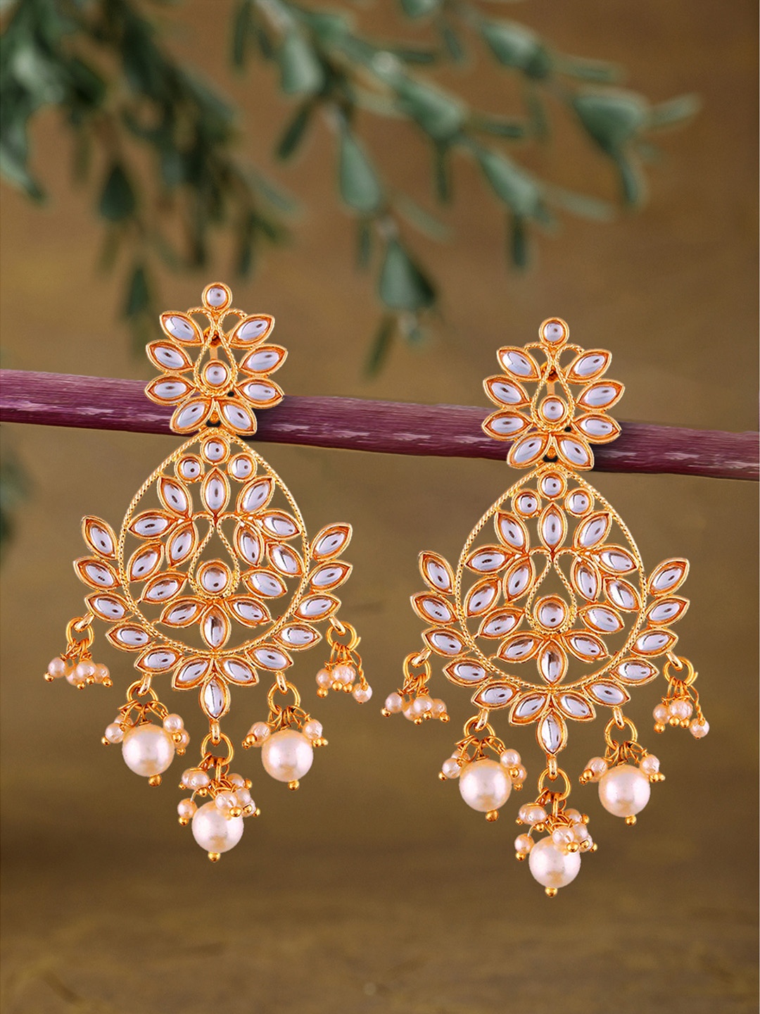 Peora Gold-Plated Kundan Pearl Contemporary Drop Earrings, White