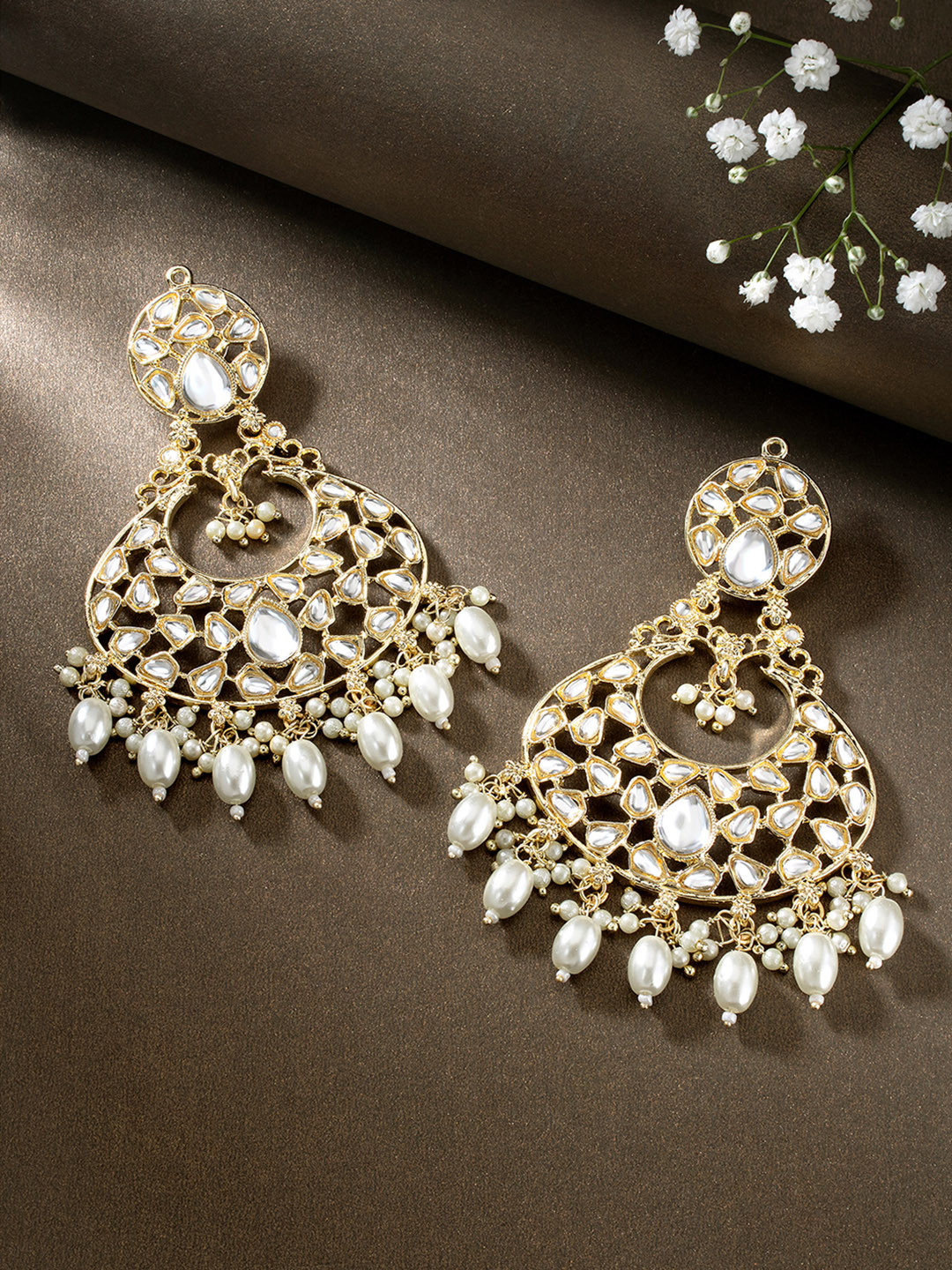 

Peora Gold-Plated Pearl & Kundan Studded Contemporary Chandbalis, White