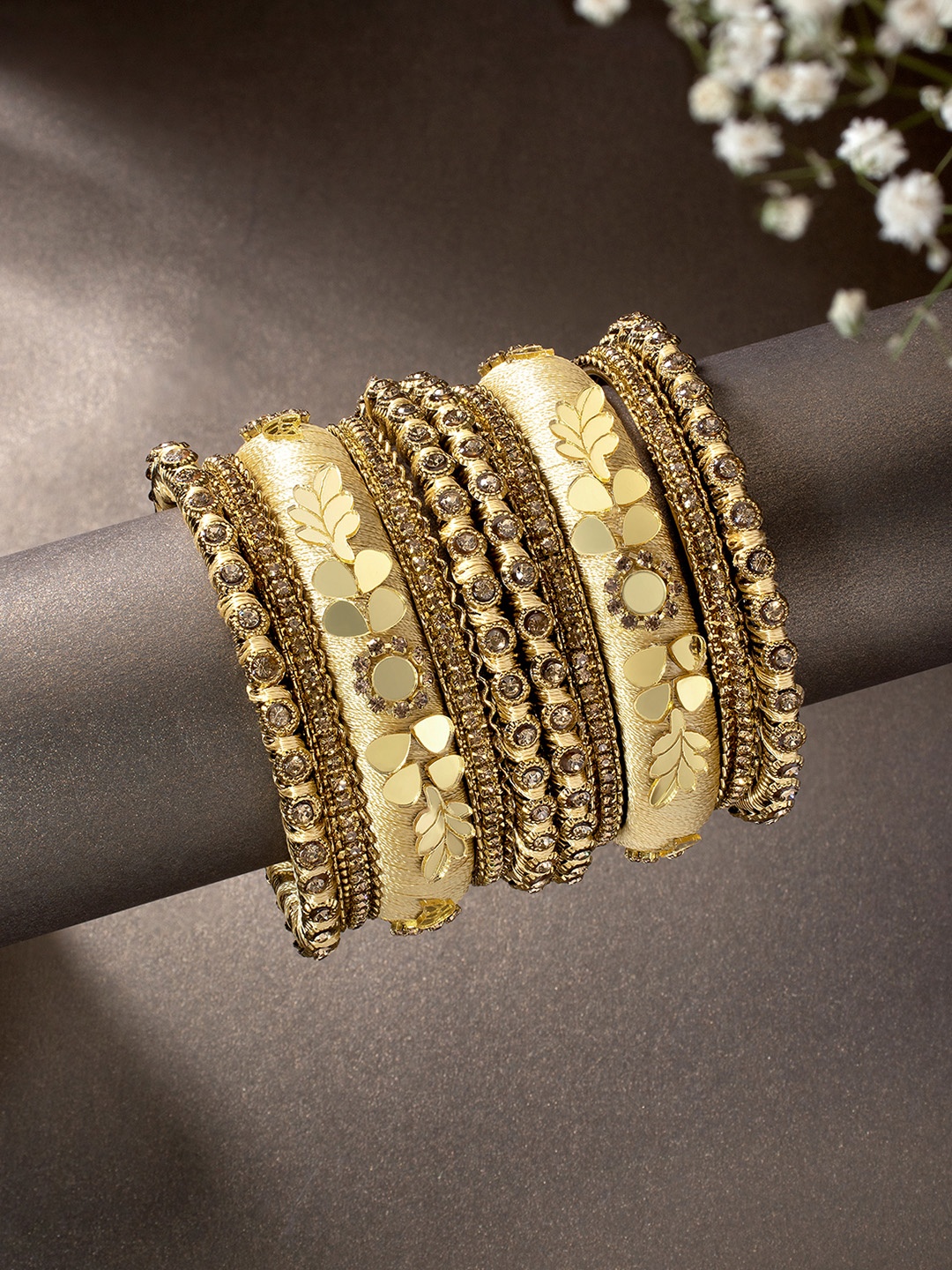 

Peora Women 10Pcs Gold-Plated Kundan Studded Bangles Set, Champagne