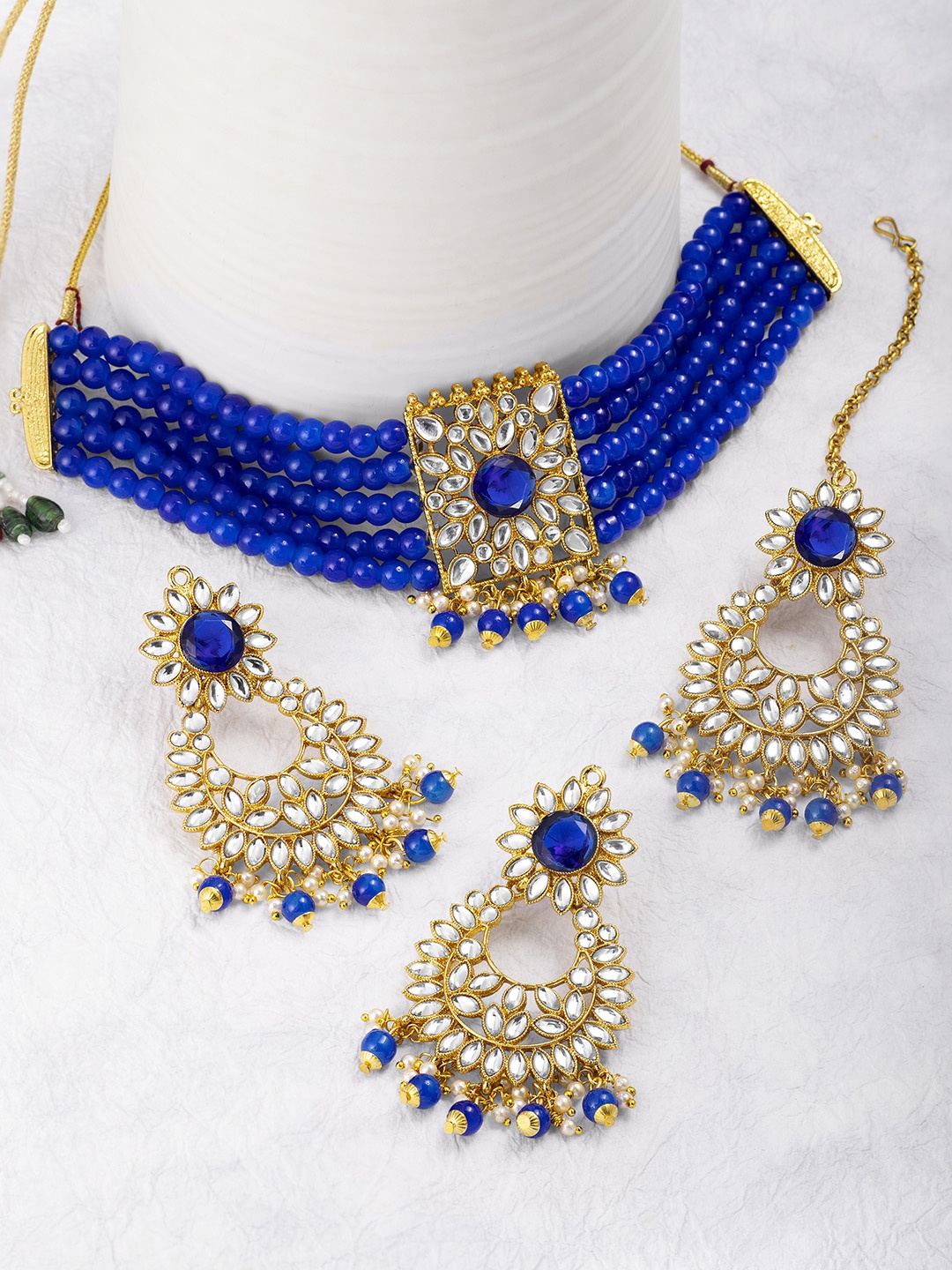 

Peora Gold-Plated Pearl Kundan Choker Necklace Jewellery Set, Blue