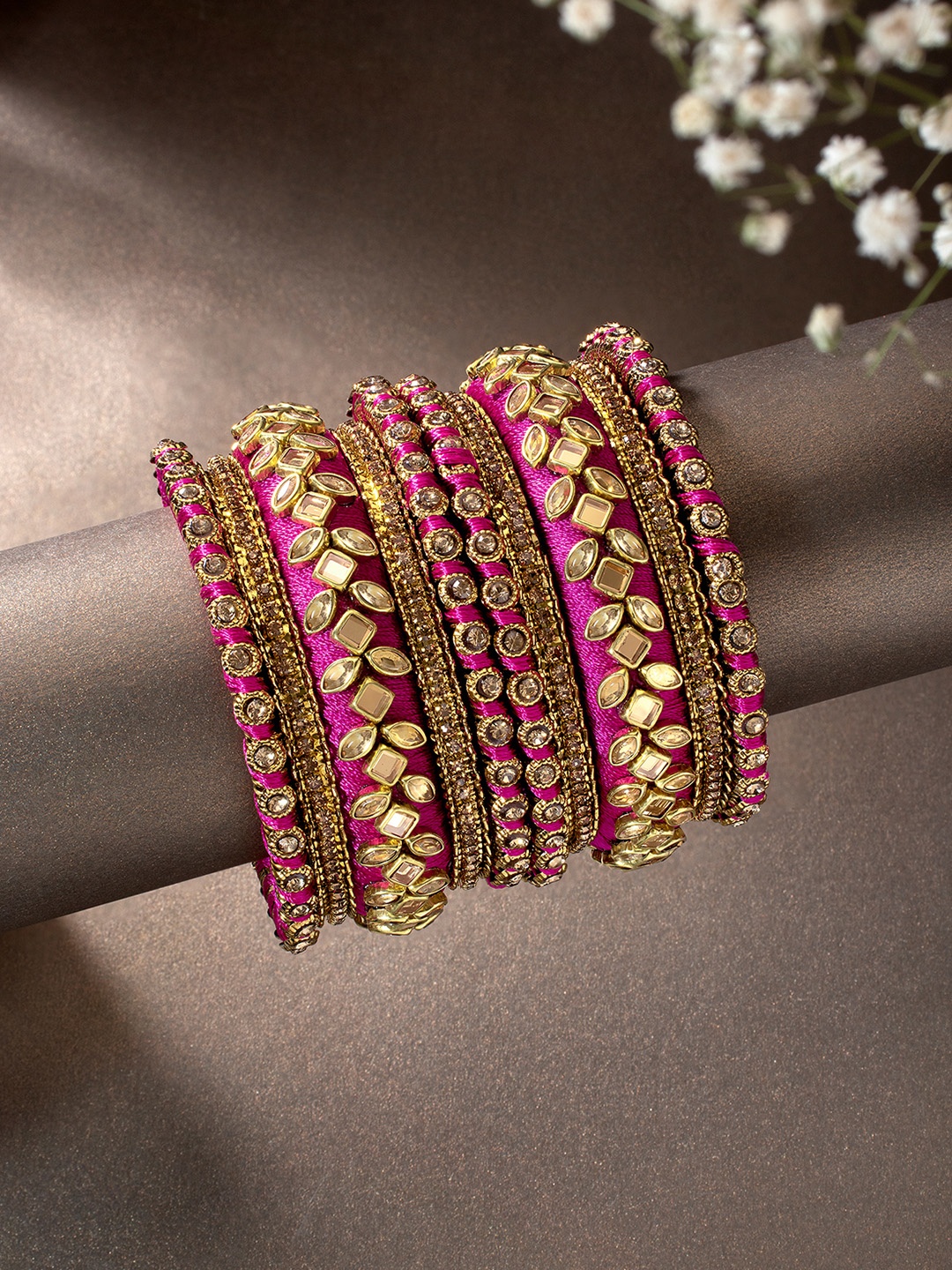 

Peora Women 10Pcs Gold-Plated Kundan Studded Bangles Set, Pink