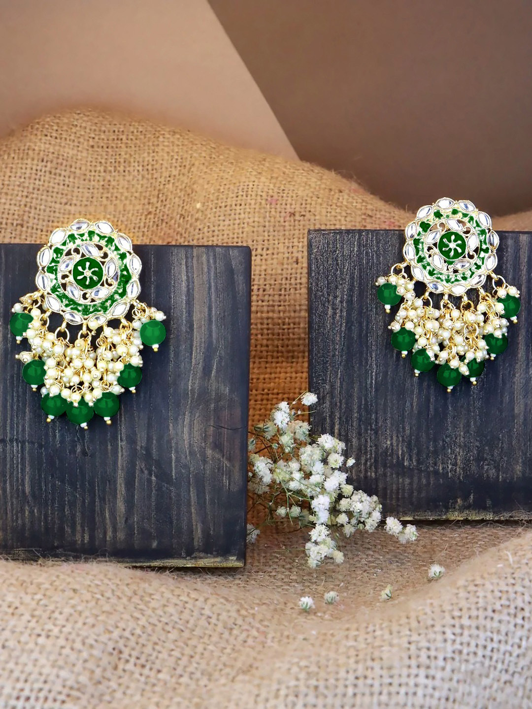 

Peora Gold-Plated Kundan Contemporary Drop Earrings, Green