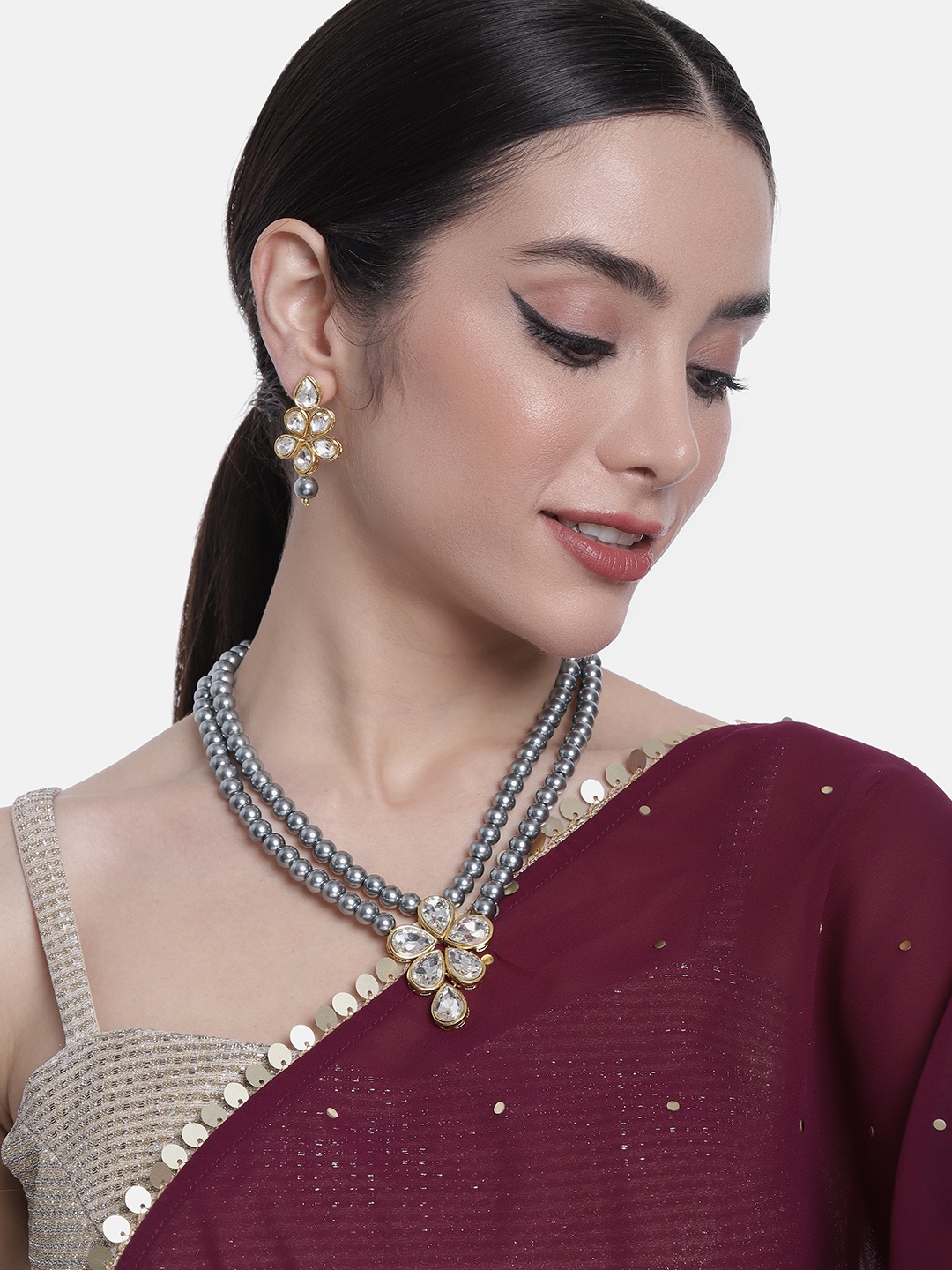 

Peora Gold-Plated Artificial Beads Layered Jewellery Set, Grey