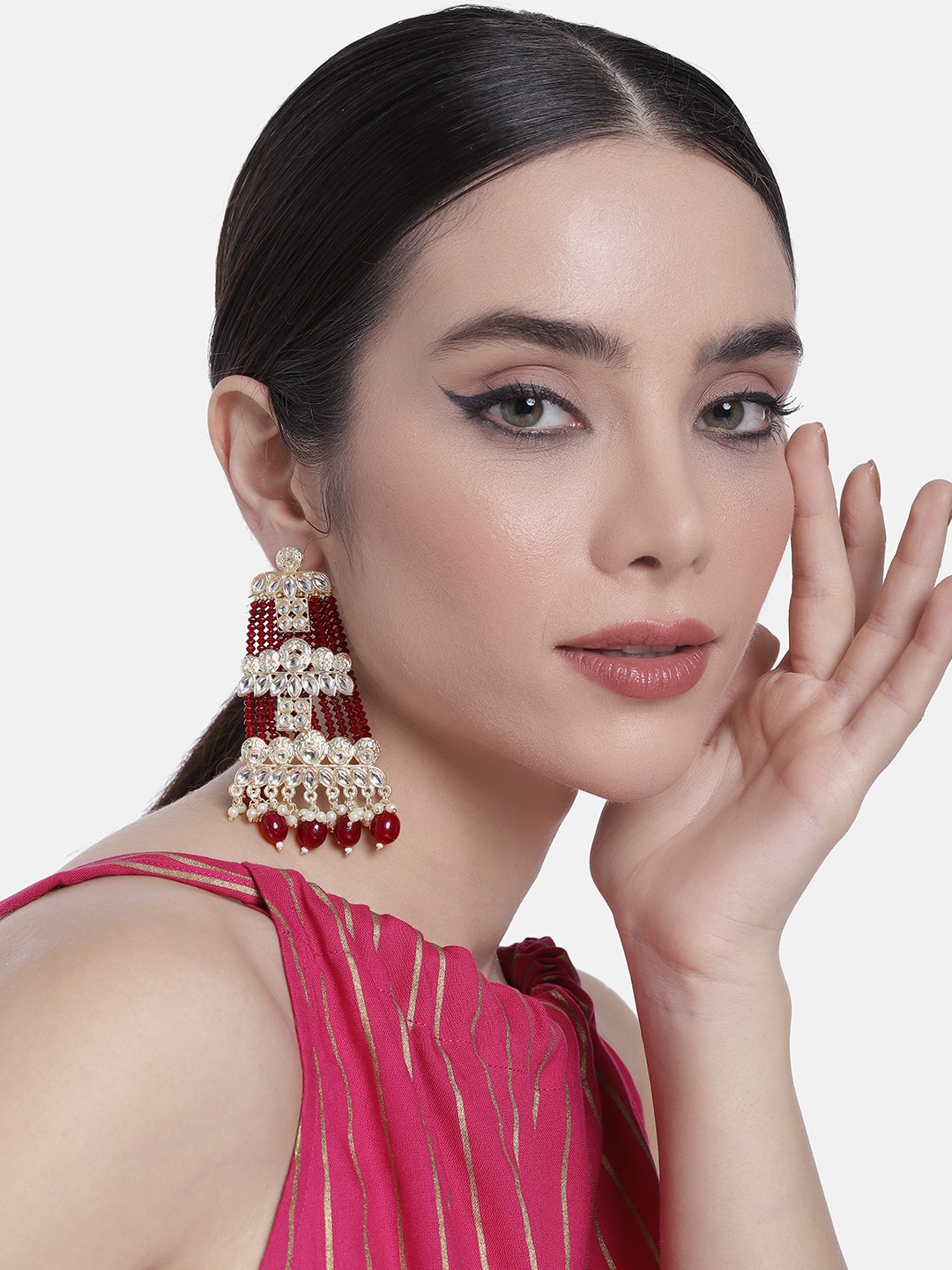 

Peora Gold-Plated Contemporary Artificial Beads Drop Earrings, Maroon