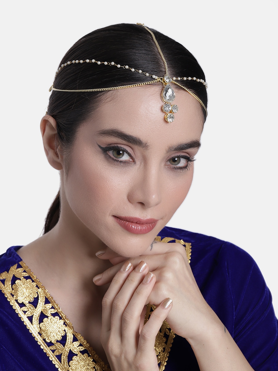 

Peora Gold-Plated Crystals-Studded Matha Patti, White
