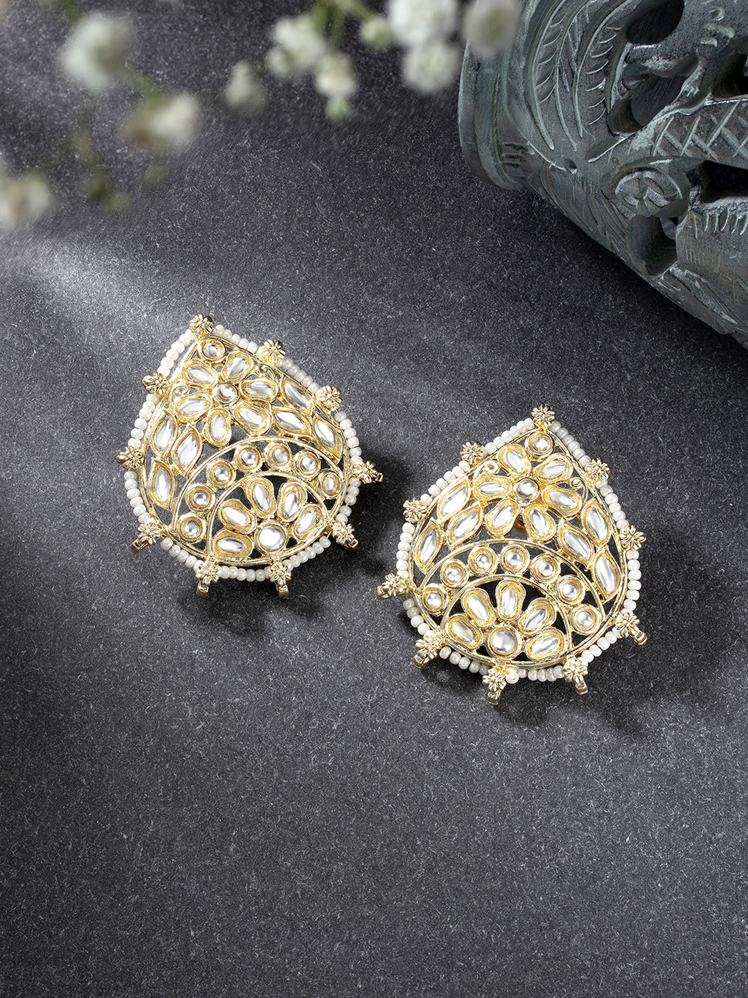 

Peora Gold-Plated Kundan Teardrop Shaped Drop Earrings, White