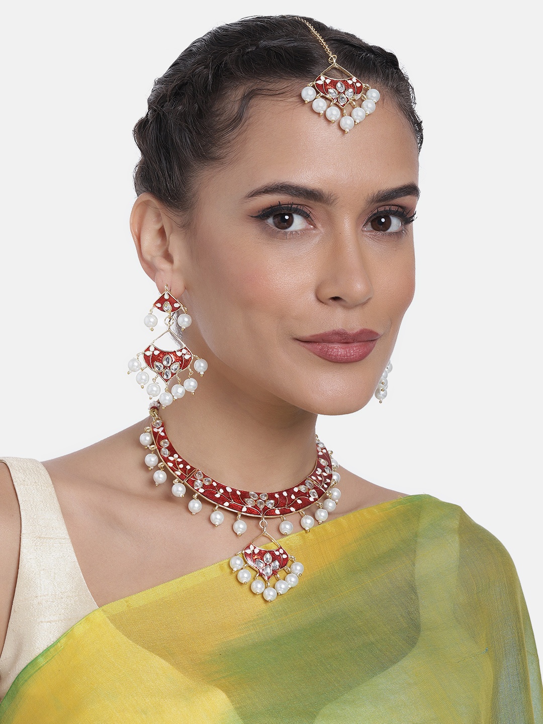 Peora Gold-Plated Kundan-Studded Meenakari Jewellery Set, Red