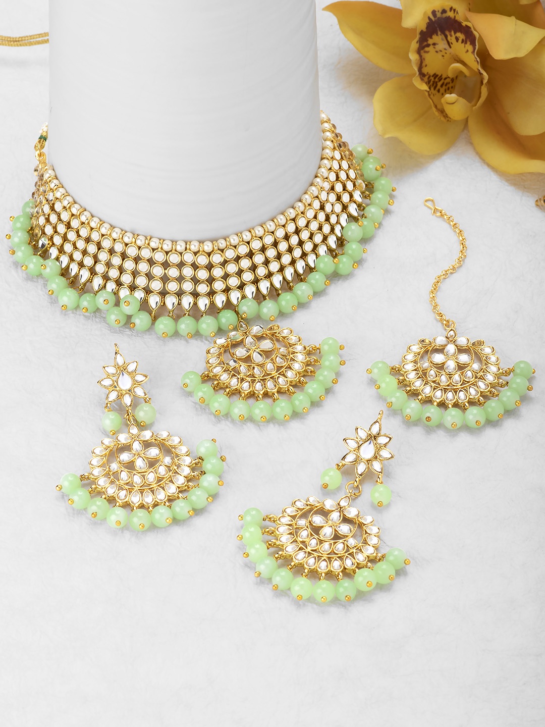 

Peora Gold-Plated Pearl Kundan Choker Necklace Jewellery Set, Green