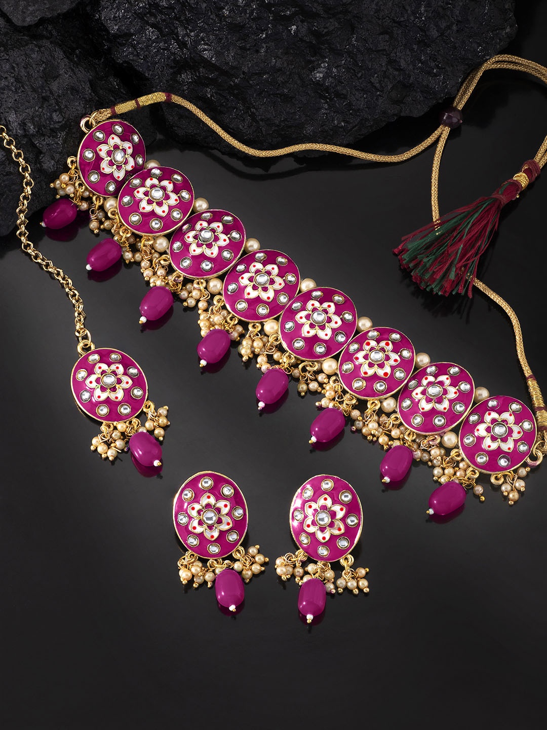 

Peora Gold-Plated Artificial Stones Meenakari Jewellery Set, Pink