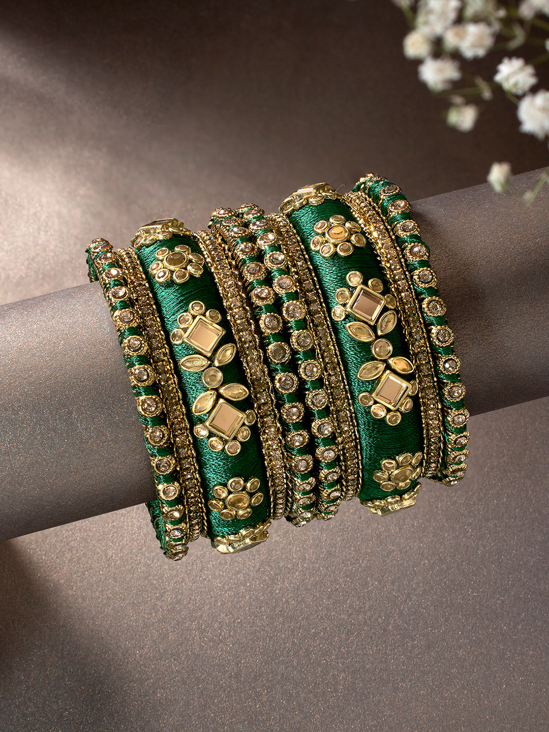 

Peora Women 10Pcs Gold-Plated Kundan Studded Bangles Set, Green